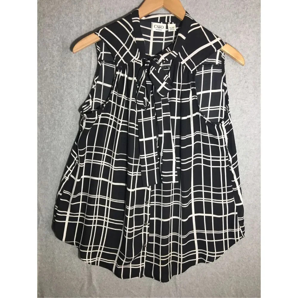 Womens Cato Blouse Tank Top Checkered Plaid Abstract Tie Neck Work Office Career